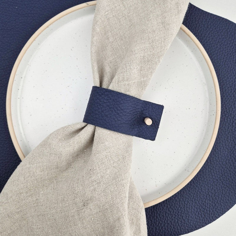 Navy blue leather napkin ring with wood