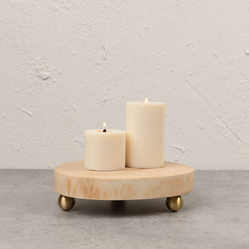 Round wooden tray with brass
