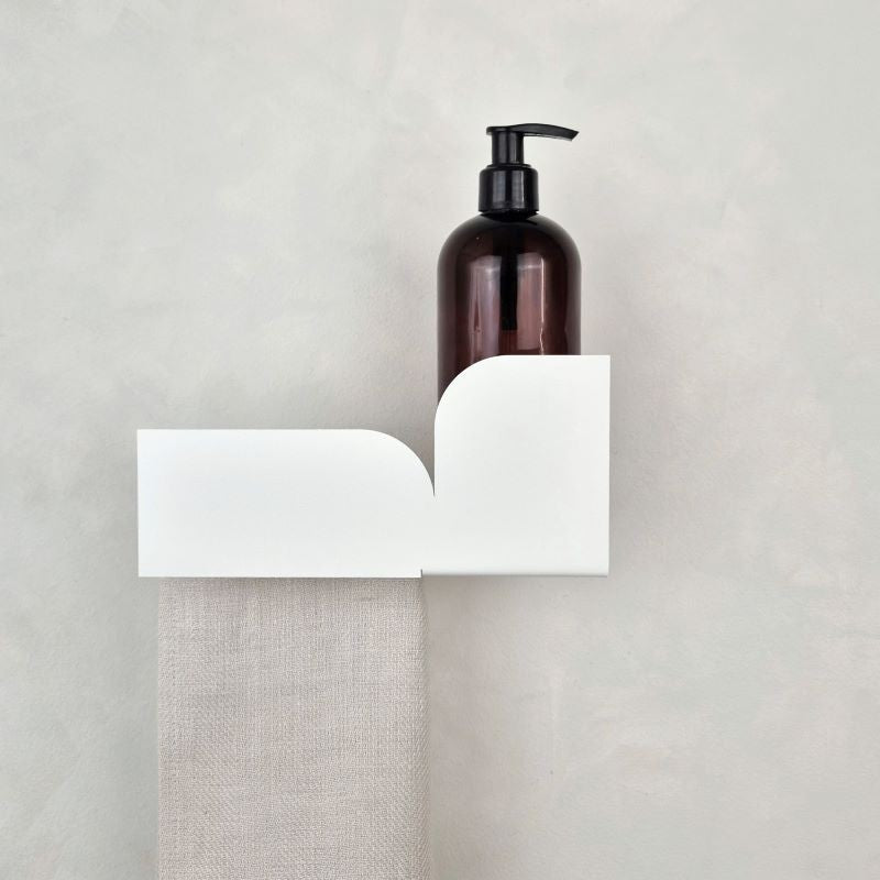 Hand towel holder white with shelf for soap bottle