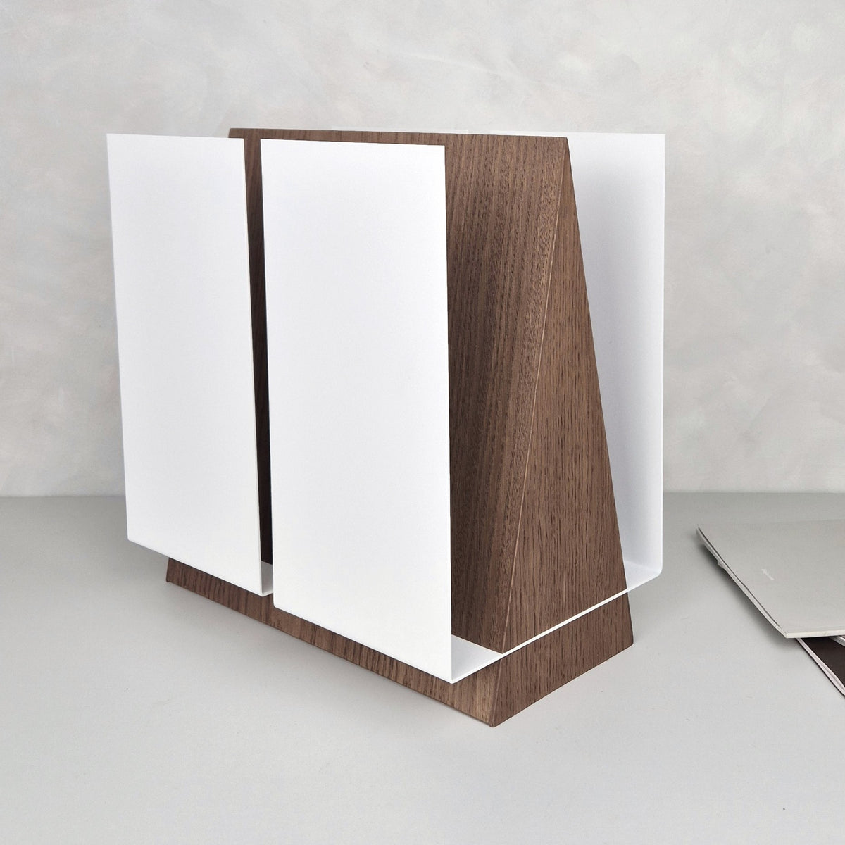 Walnut and white metal magazine stand