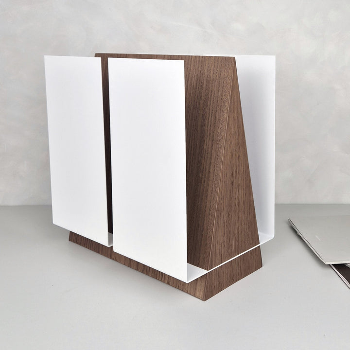 Walnut and white metal magazine stand