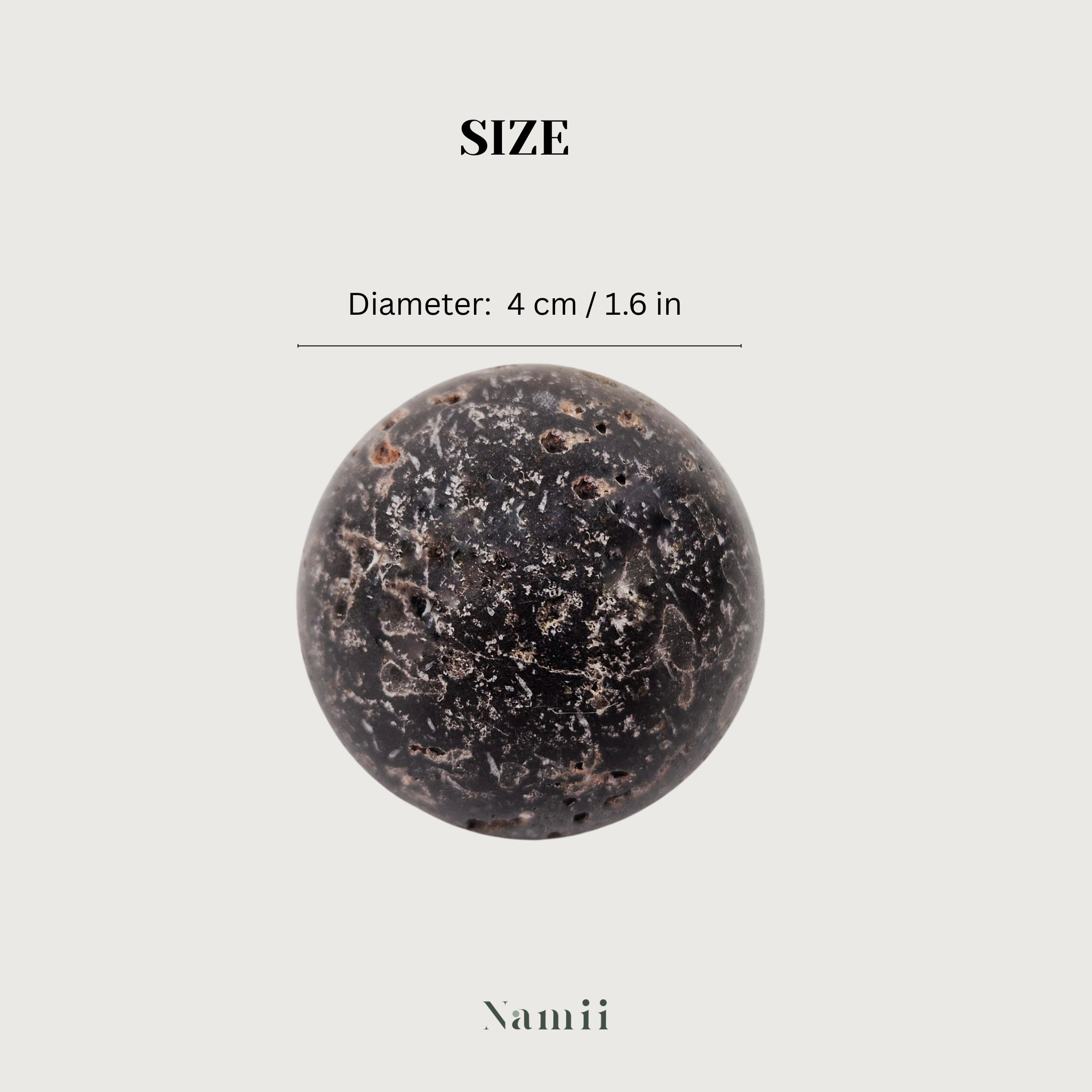 Natural stone cabinet knob size details, round shape with diameter of 4 cm, showcasing unique veining and texture.