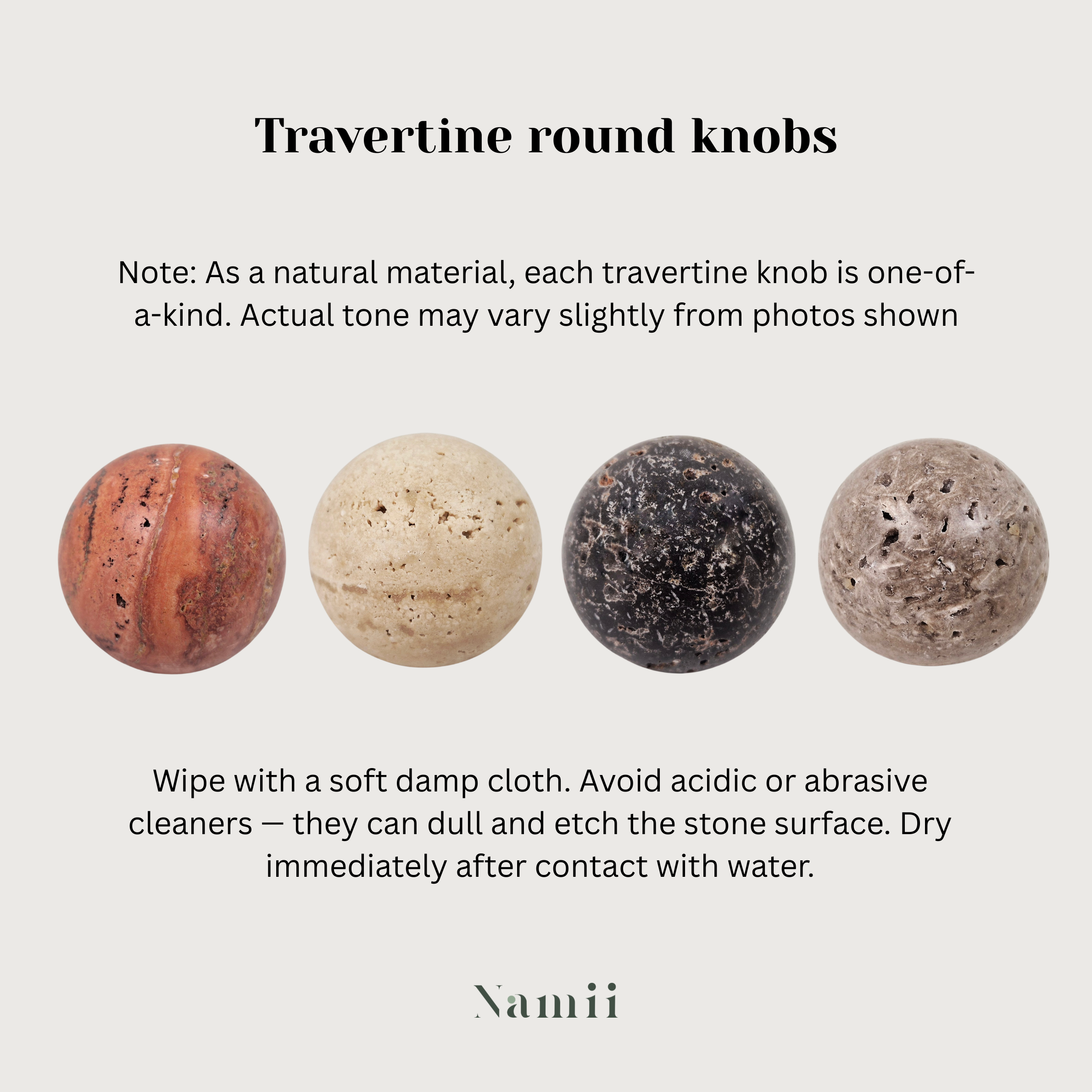 Natural travertine round knobs showcasing unique colors and textures, perfect for home decor.