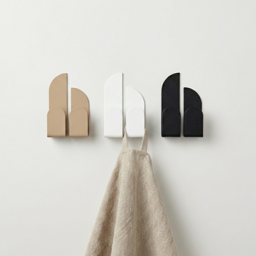 Adhesive wall hooks in beige, white, and black showcasing a minimalist design on a wall.