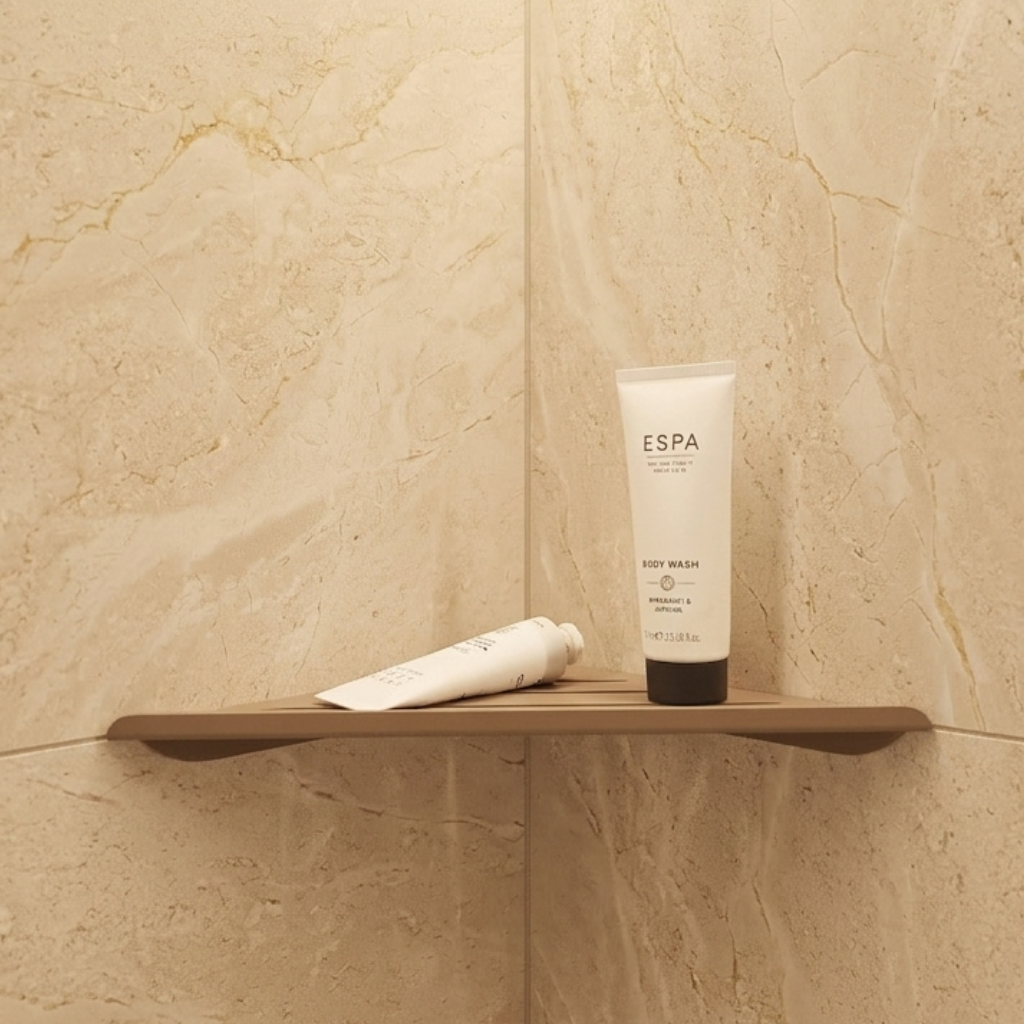 Beige shower corner shelf displaying body wash and skincare products against a textured stone wall.