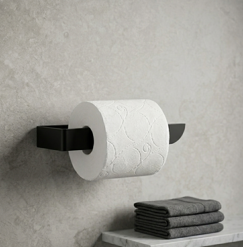 Black toilet paper holder mounted on a wall, displaying a roll of white toilet paper with gray towels below.