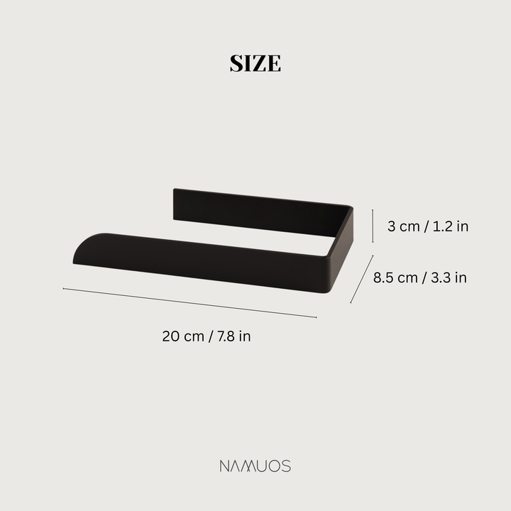 Black toilet paper holder dimensions showing 20 cm length and 3 cm height, designed for modern bathrooms.