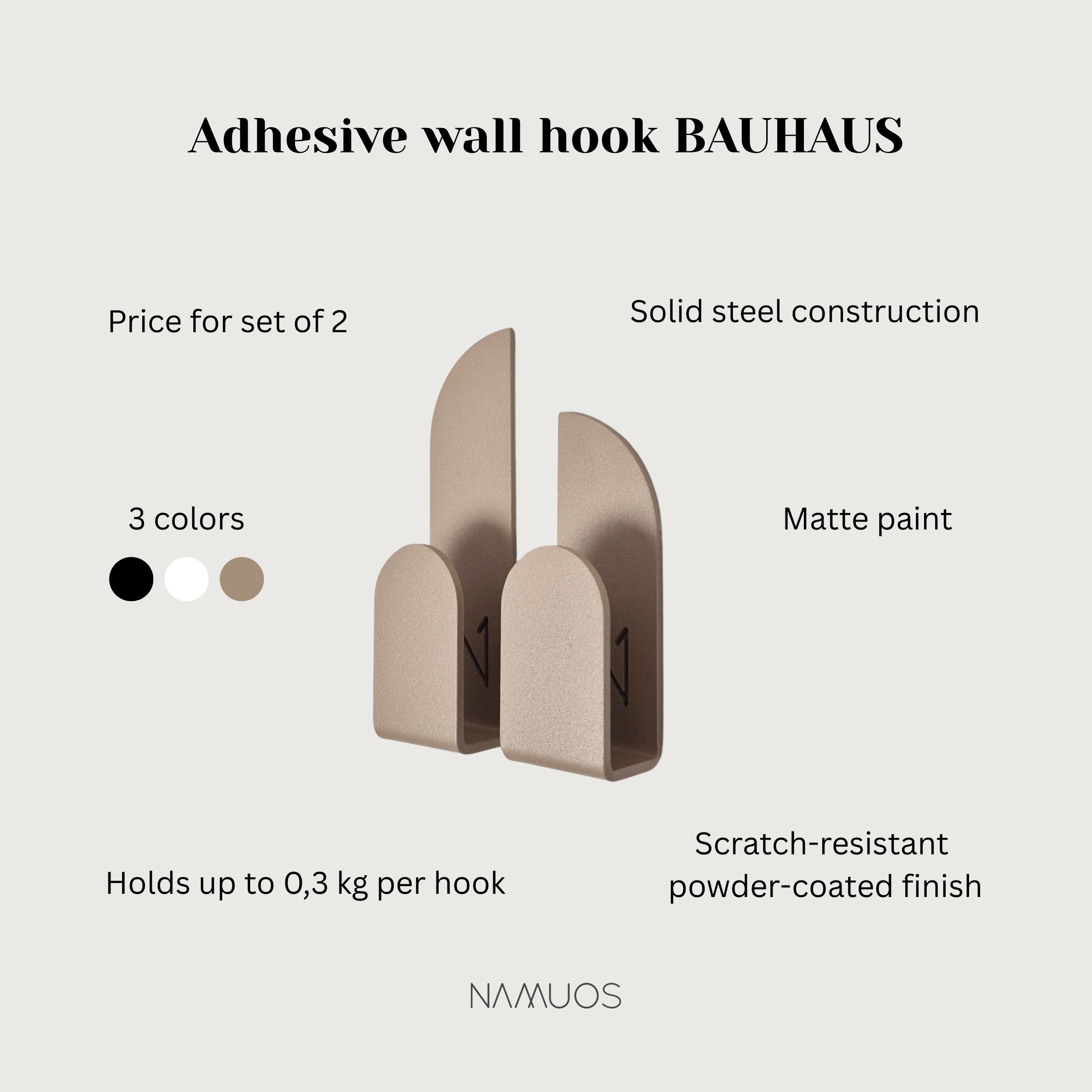 Adhesive wall hooks BAUHAUS in three colors with solid steel construction and scratch-resistant finish.