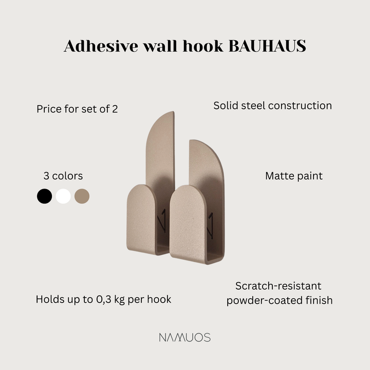 Adhesive wall hooks BAUHAUS in three colors with solid steel construction and scratch-resistant finish.
