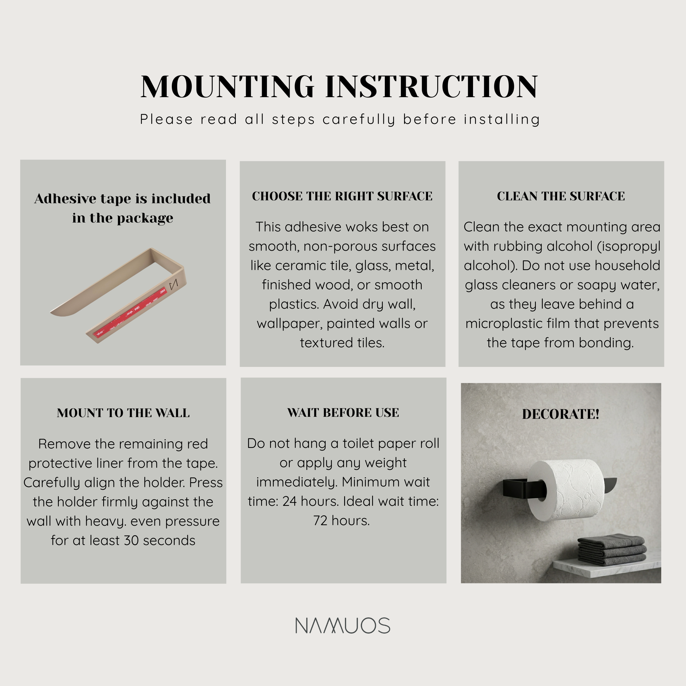 Mounting instructions for adhesive black toilet paper holder, showcasing installation steps and tips.