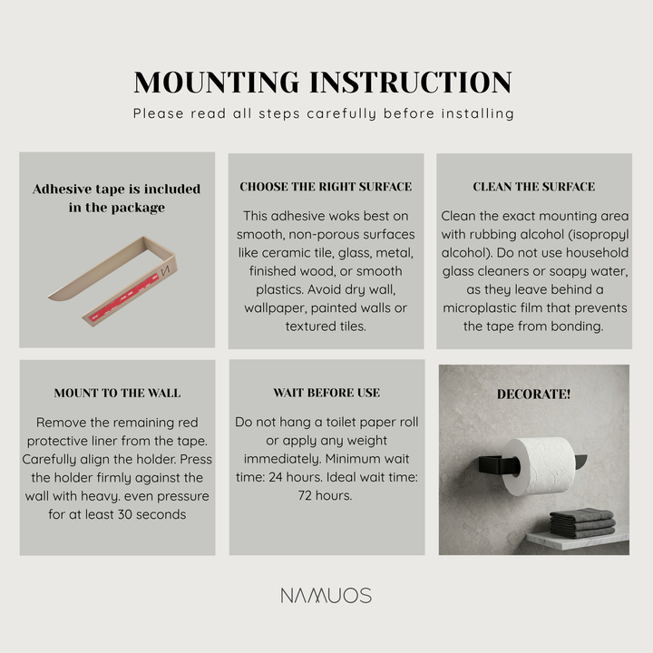 Mounting instructions for adhesive black toilet paper holder, showcasing installation steps and tips.