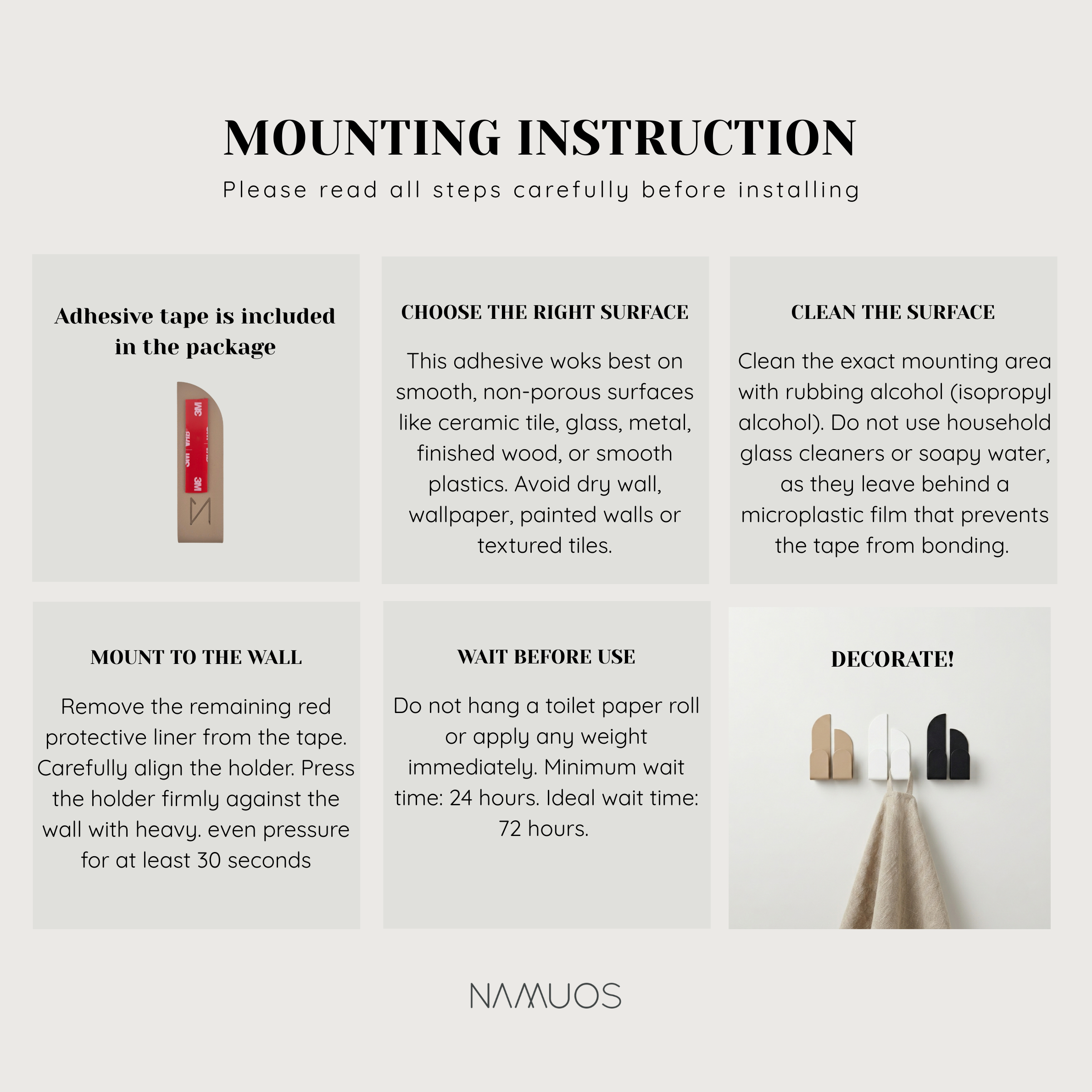 Mounting instructions for Adhesive wall hooks detailing installation steps and surface preparation.