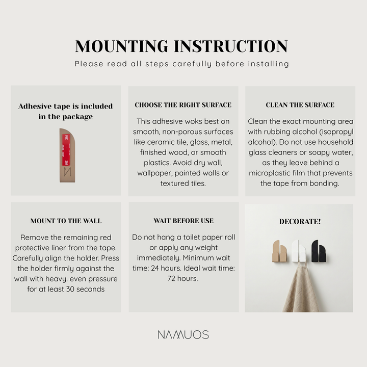 Mounting instructions for Adhesive wall hooks detailing installation steps and surface preparation.