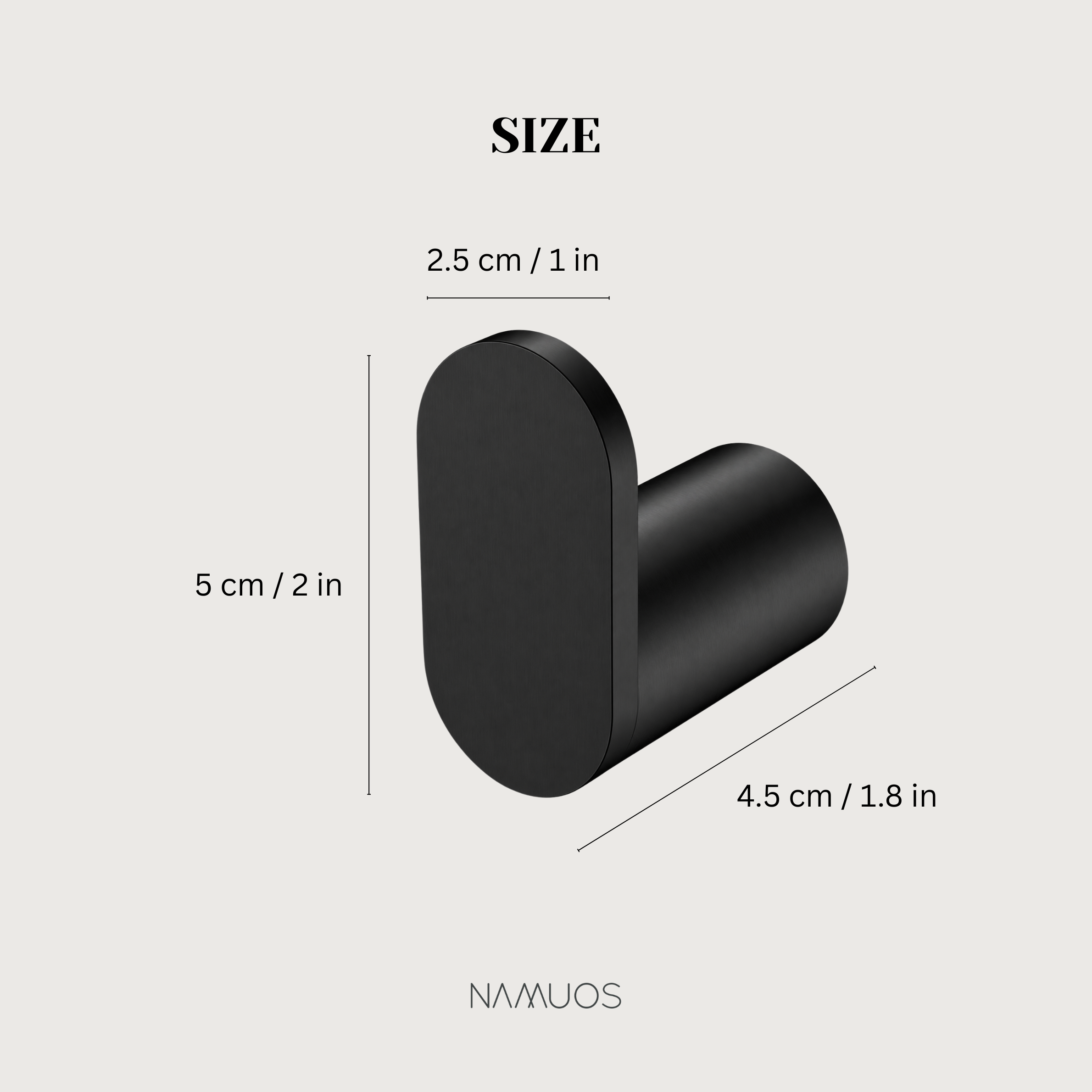 Minimalist wall hook size specifications: 2.5 cm width, 5 cm height, 4.5 cm depth, modern design.