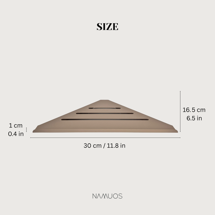 Size dimensions of a white shower corner shelf showing length, width, and height for better fit.