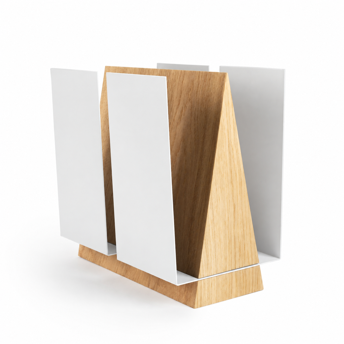 A modern magazine holder with white metal detail and oak wood. 