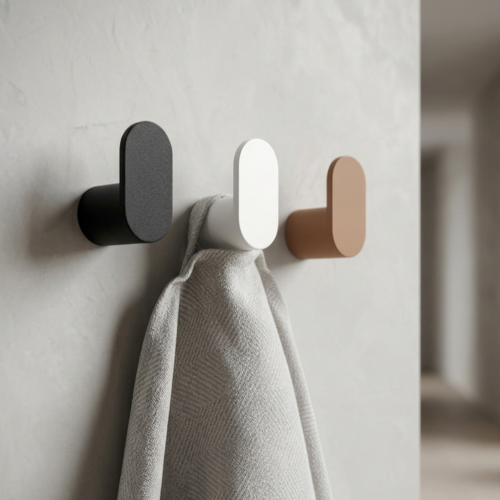Minimalist wall hook in black, white, and brown holding a gray towel against a textured wall.