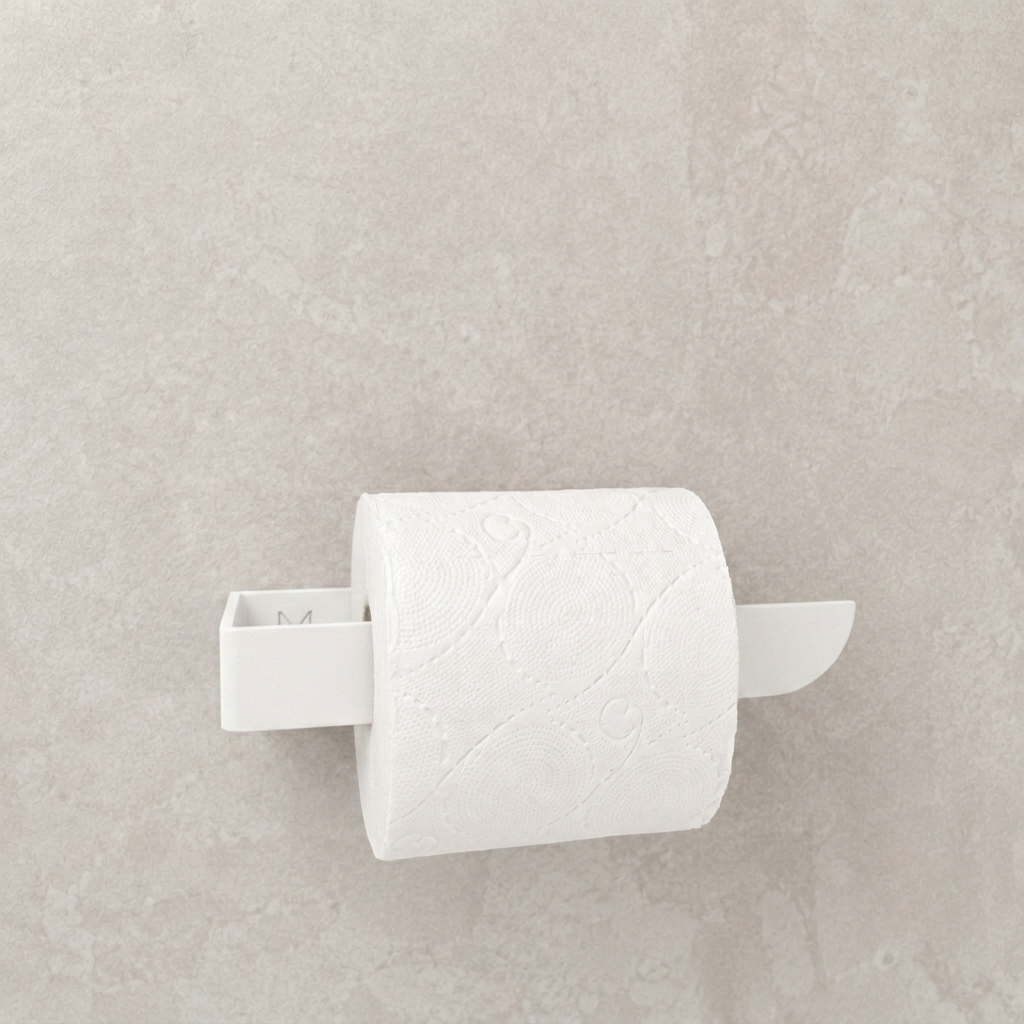 Adhesive white toilet paper holder mounted on a light gray wall with white paper roll.