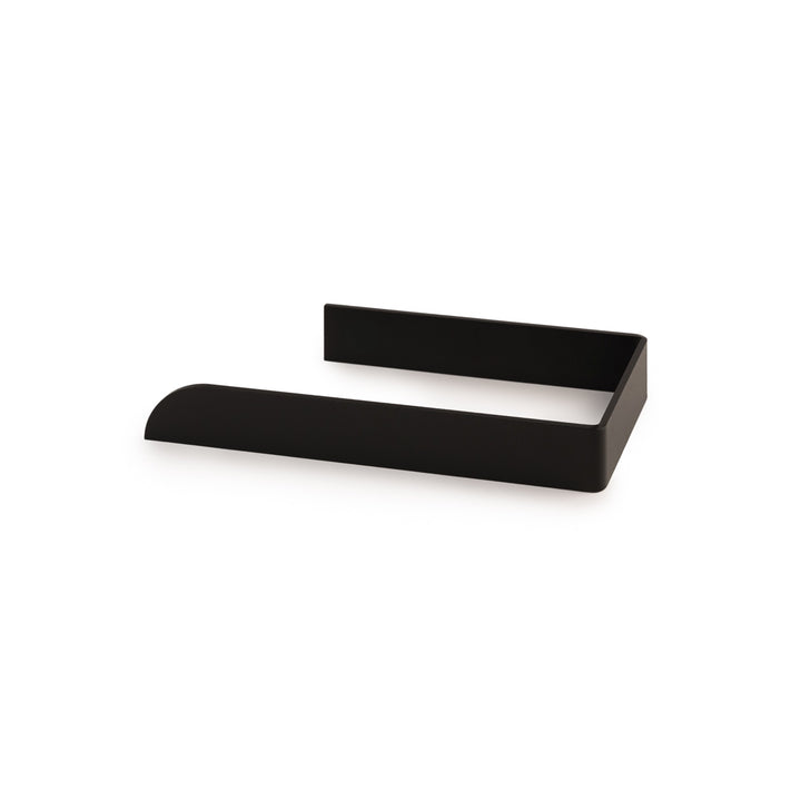 Black toilet paper holder made of durable metal with a matte finish.