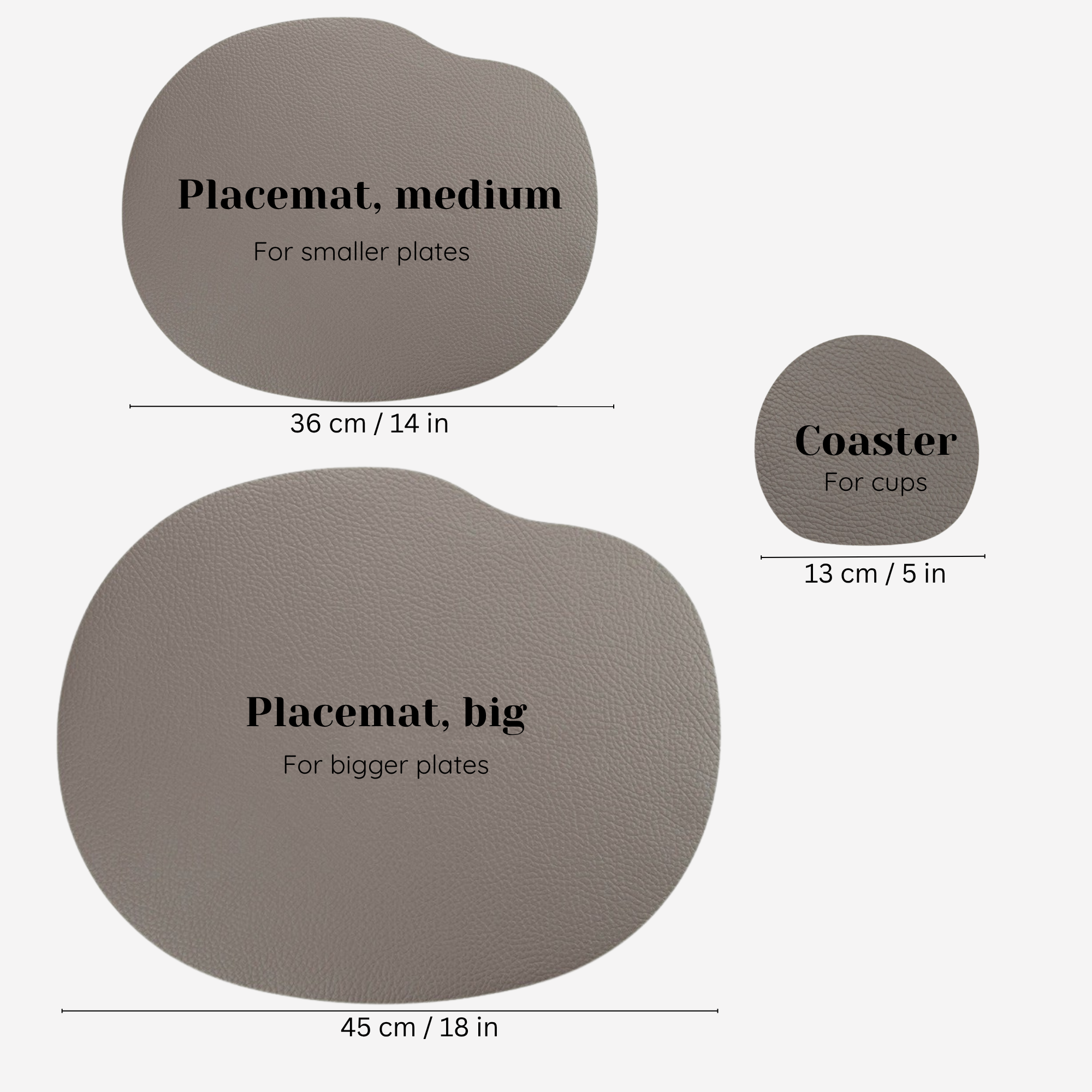 Light grey leather placemat and coaster set showcasing medium and big sizes for various dining needs.