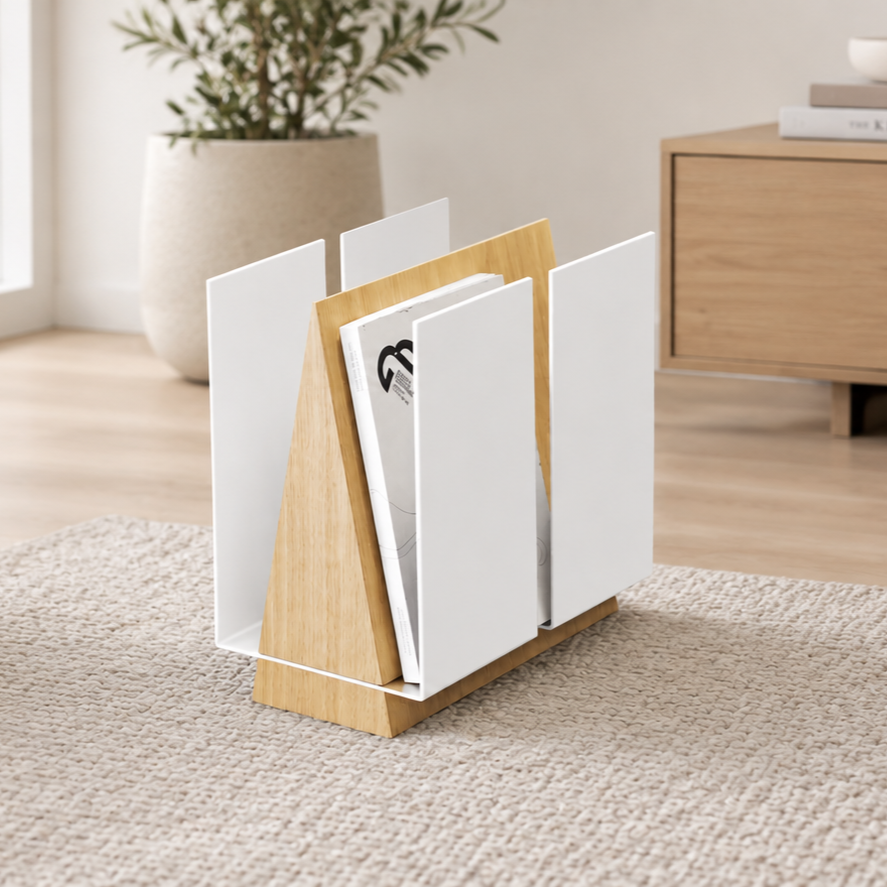 A modern magazine stand with a light wood base and white panels, holding several books on a beige rug in a bright, modern room.
