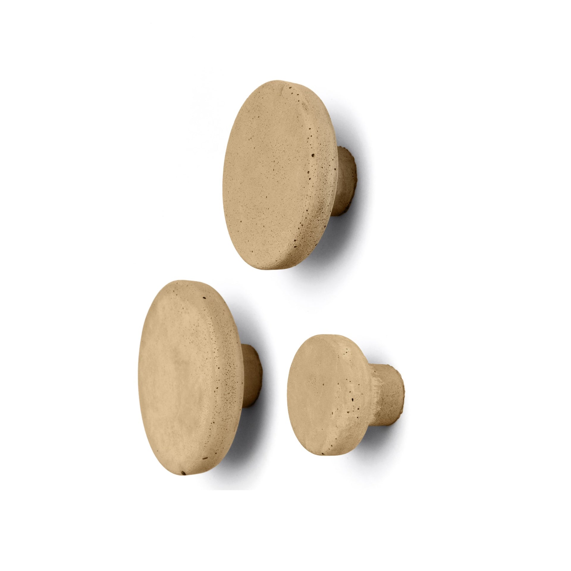 Beige concrete wall hook POMOLO set of three handmade knobs for wardrobes and cabinets, waterproof and stain-resistant.